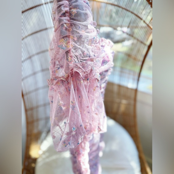 For Love & Lemons Imani Embroidered Mesh Shimmer Ruched Mini Dress Size M NWT - Picture 3 of 15